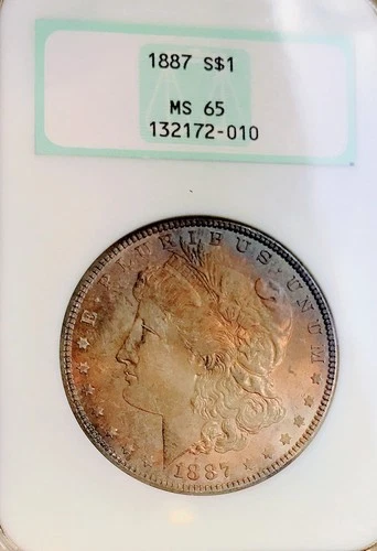 1887 P MORGAN  NGC MS65 BEAUTIFUL RAINBOW! RARE GOLD ENGRAVED BACK!  NR #64625
