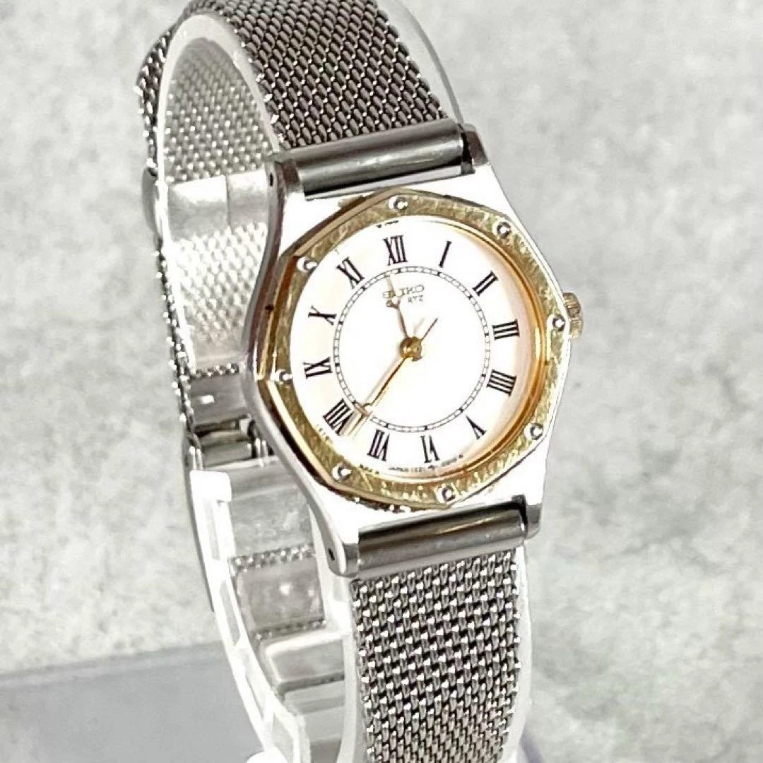 Seiko 5421-5080 cuarzo octágono reloj para mujer 19 mm esfera plateada vintag...