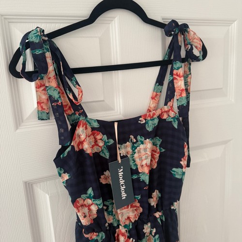 NWT ModCloth XXS Navy Floral Gingham Print Tie Strap Sleeveless Dress Midi - Picture 5 of 8