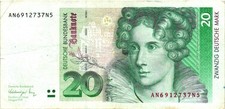 GERMAN FEDERAL REPUBLIC 20 Deutsche Mark 1991 P-39a VF- Banknote