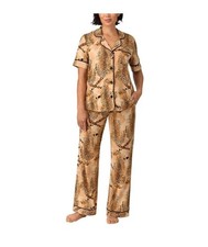 Room Service Womens Pajama Set Tan Leopard Pockets Short Sleeves Top Pants