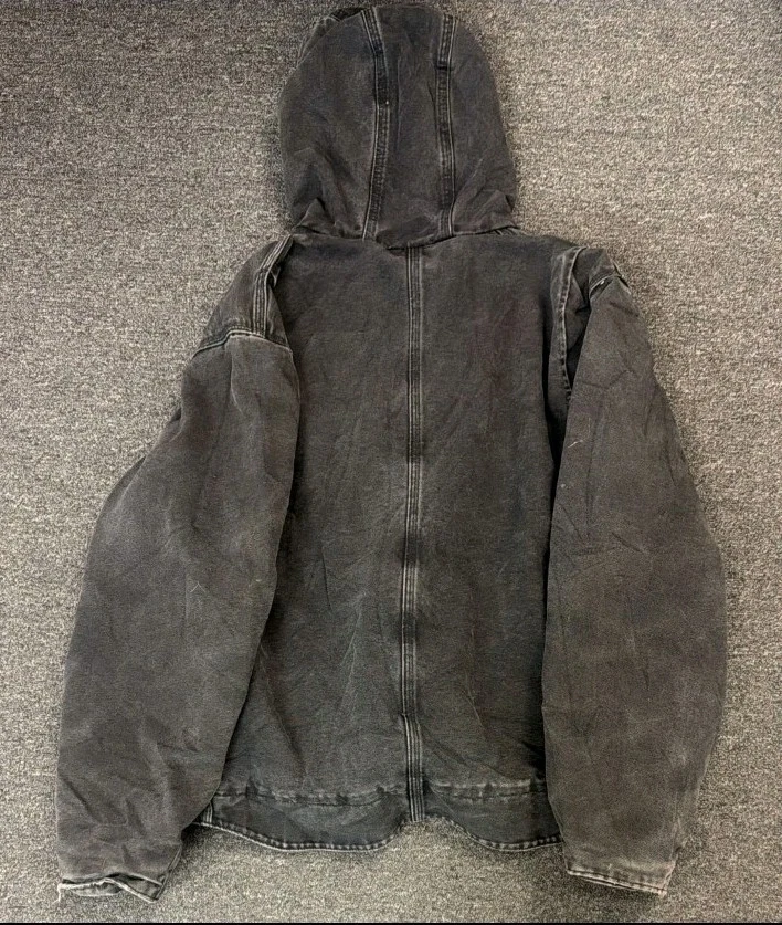 Carhartt Jacket Mens L Faded Black Duck Canvas Hooded Sherpa Lined Workwear Coat - Image 2 of 4