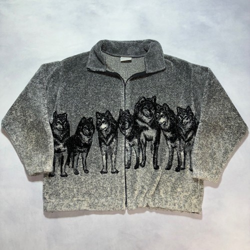 Giacca Pile Vintage Wolf Pack AOP Full Zip Taglia XL Grigio Wildlife Made in USA