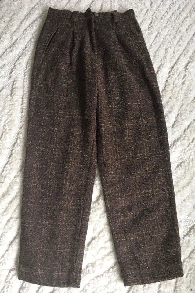 Women's Brown Tweed Tartan Pleated Checked Wool High Rise Trousers Tapered Pants