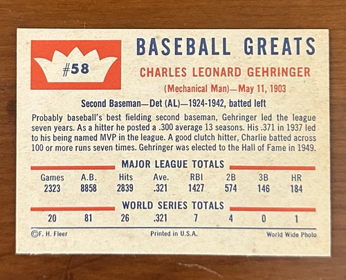 1960 Fleer Baseball CHARLIE GEHRINGER #58 HOF NM - Picture 2 of 2