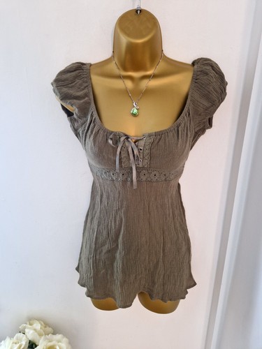 💚 Cute Jane Norman Khaki Baby Doll Milkmaid Top Size 8- 10 💚 - Picture 2 of 15