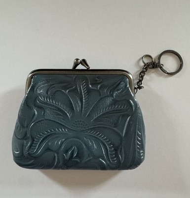 Patricia Nash Borse Tooled Leather Floral Kiss Lock Coin Purse Safflower Blue