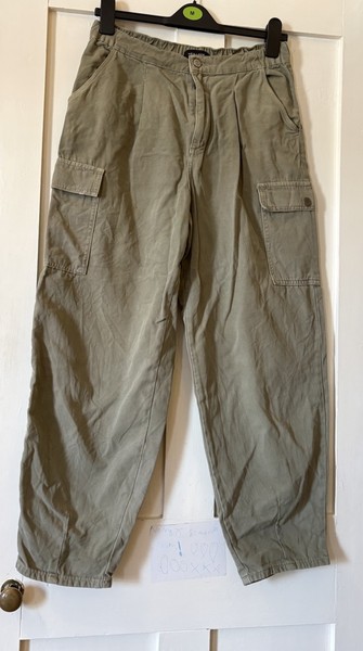 New Look Light Khaki Canvas High Waist Barrel Leg Cargo Jeans UK12 L27"