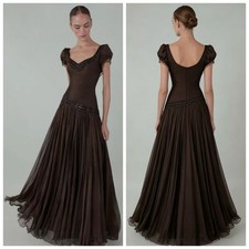Brown V-neck Short Sleeved Ball Gown with Gorgeous Beaded A-line Evening Dress