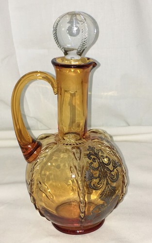 New Martinsville RADIANCE *AMBER w/SILVER OVERLAY*DECANTER /STOPPER & 5 CORDIALS - Picture 7 of 7
