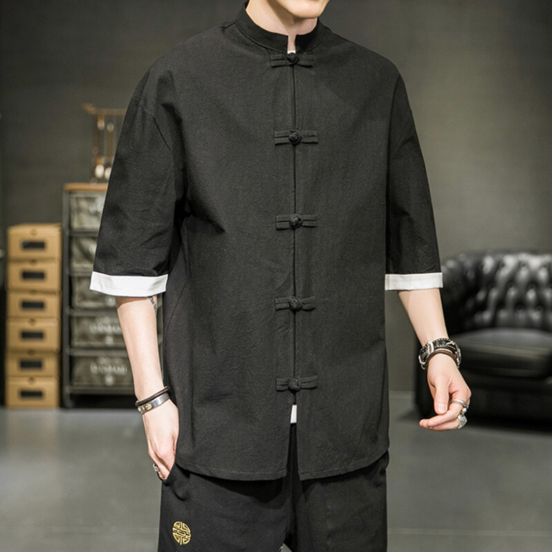 HZCX Men's Chinese Frog Button Long Sleeve Shirt - Kung Fu Style, Cotton Linen Blend, Dark Grey (X-Large)