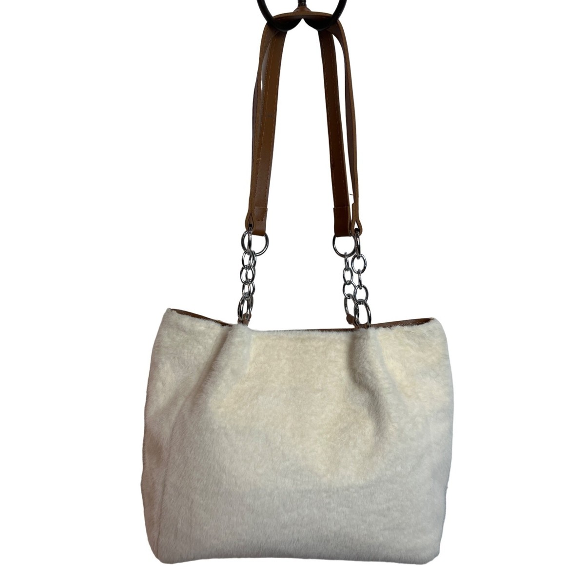 Dieweier Girls Fashion Bag Faux Fur Chain Top Handle White Large