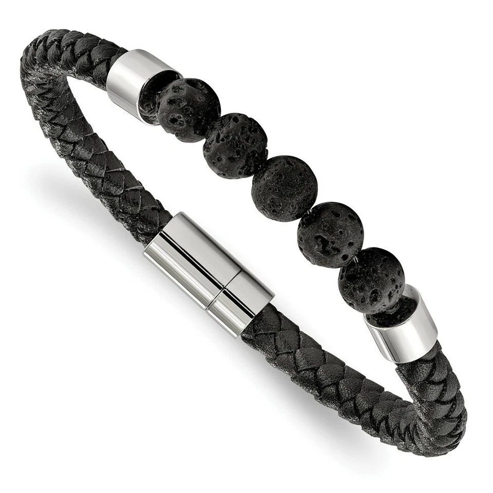 Chisel Men's Bracelet Stainless Steel Polished Black with Lava Stones, 8.75 inch