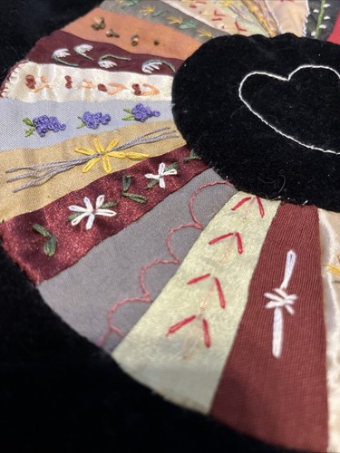 Vintage Victorian Era Silk Velvet Embroidered Crazy Quilt Table Runner 20” x 13” - Picture 7 of 12