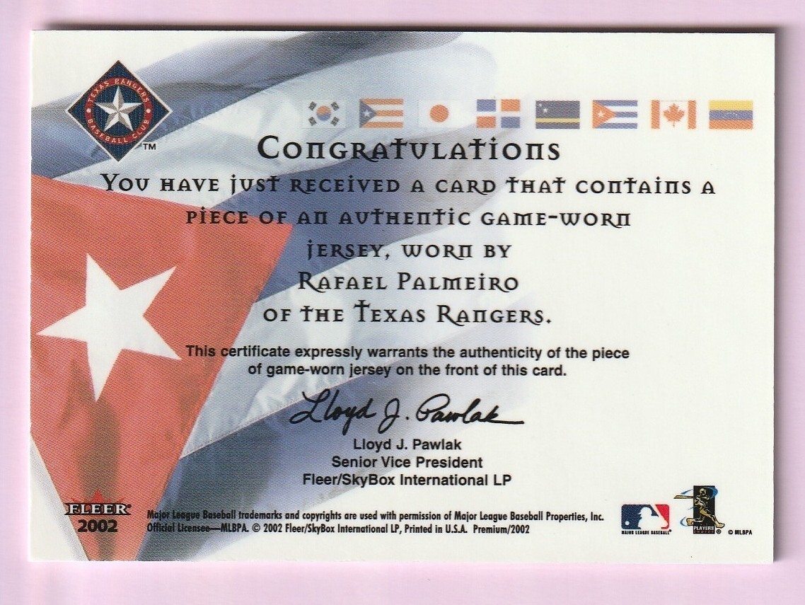 2002 Fleer Premium International Pride RAFAEL PALMEIRO Game Used Jersey Card *S3 view 2