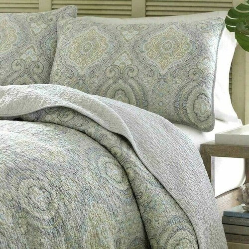 SET TRAPUNTA Tommy Bahama Turtle Cove 3P QUEEN cotone REVERSIBILE medaglione grigio marrone - Foto 9 di 9