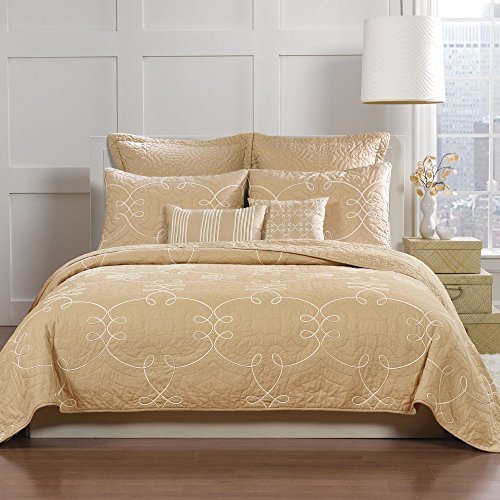 3-Pc Nostalgia Sena Queen Quilt Set Beige Farmhouse 100% Cotton Scroll Motif - Picture 1 of 2