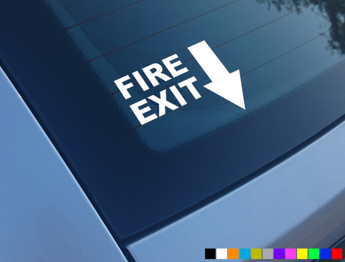 FIRE EXIT FUNNY CAR STICKERS EXHAUST EVO SCOOBY SUBURU JDM DUB JAP