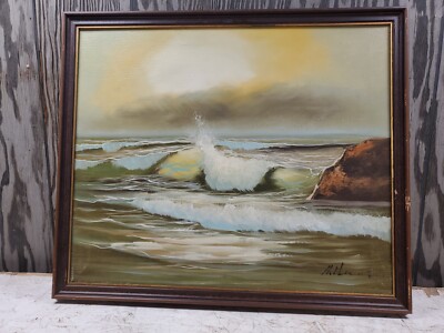 Signed Oil On Canvas Stormy Rocky Seashore Ocean Waves Gloomy Sad Cloudy 22x26
