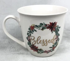 Ceramic Christmas Coffee Mug/Cup “BLESSED” White w/Gold Lettering Holly Berry
