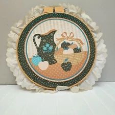Vintage Framed Embroidery Hoop Quilted Style Country Cottage Ruffle Lace 18.5"