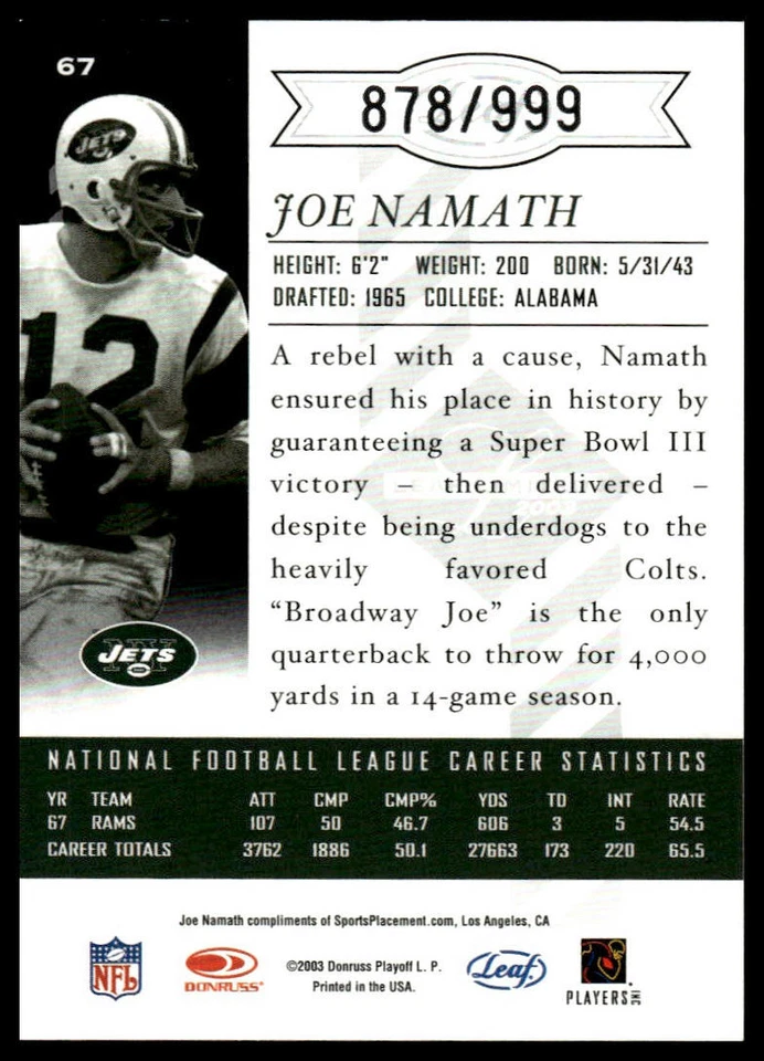 2003 Leaf Limited #67 Joe Namath #/999 - Image 2 of 2