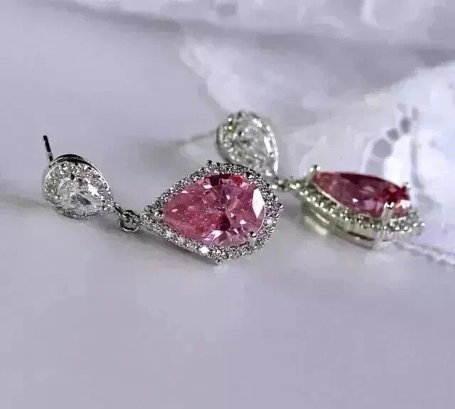 Women's 3Ct Pear Cut Lab Created Pink Sapphire Earrings 14K White Gold Plated - Image 4 of 4