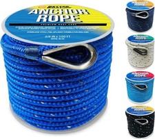 Premium Boat Anchor Rope, 100 Ft Double Braided Blue Nylon Marine Line, 3/8 Inch