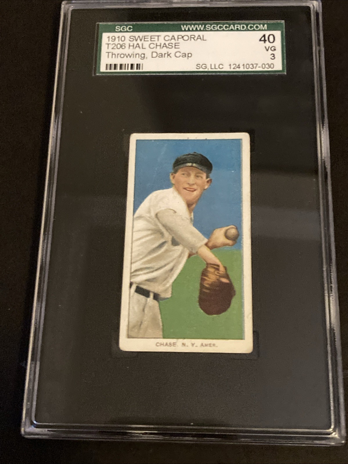 T206 Hal Chase Throwing Dark Cap Sweet Caporal 350, SGC 3 VG. New York
