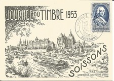 CARTE  1ER JOUR N°2  JOURNEE DU TIMBRE SOISSONS 1953