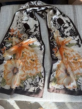 Adrienne Landau Studio 100% Silk Scarf Floral Brown Ivory Orange 53” x 11” Gift