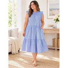 J.Crew Blue White Striped Tiered Ruffle Dress Size 14 Cotton Midi Coastal Preppy