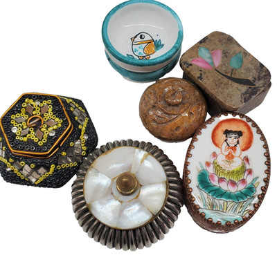 Lot 7 Small Treasure Boxes and 2 Tiny Bowls Ethnic Stone Shell Enamel Etc