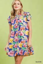 Umgee Floral Ruffle Mini Dress - Blue Mix - Small