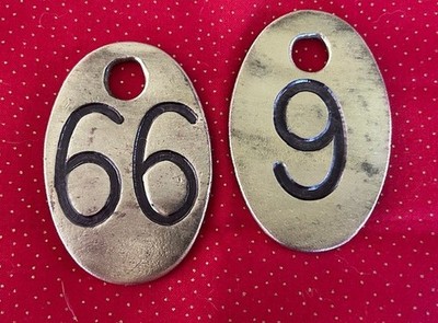 2-Vtg BRASS Dairy COW Numbered Tags-Dbl Sided--FARM Unique Decor