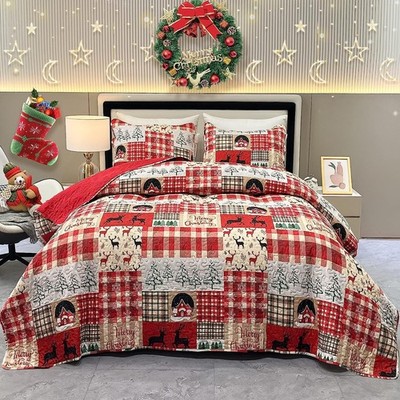 King Size Christmas Quilt Set Red Xmas Tree Snowflake Reindeer Lodge Cabin Quilt