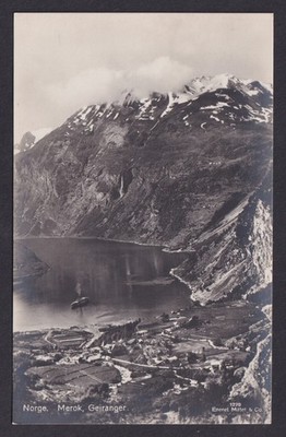 Vintage postcard Merok Geirangerfjord Norway 1930s Eneret Mittet Co fjord view