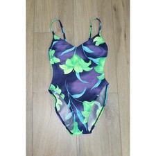 VTG La Blanca Womens Floral One Piece Swimsuit Purple Green Lace Up Back Size 10