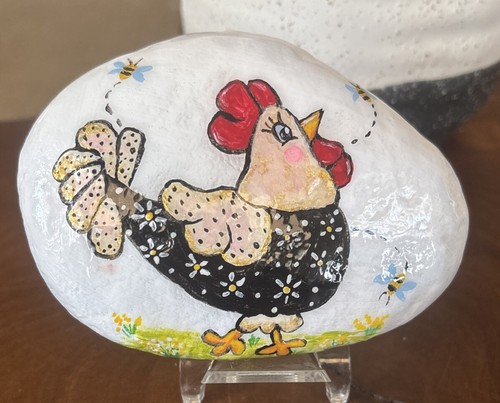 Hand Painted Rock "Folk Style Chicken” Collectible Outdoor Art Decor