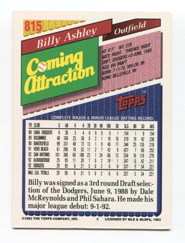 1993 Topps Billy Ashley Signed Card Baseball MLB Autographed AUTO #815 - Imagen 2 de 2