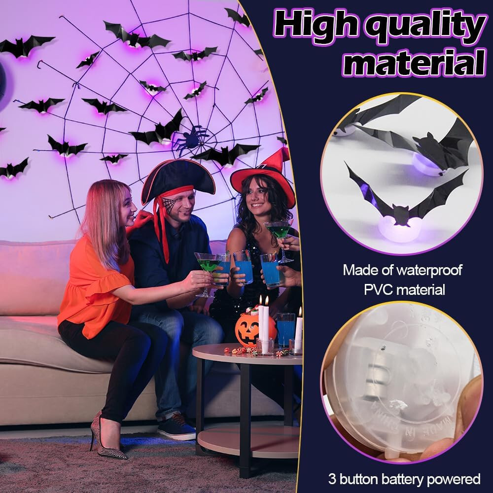 24 Stück LED Fledermaus Deko Für Halloween - Lila, 3D Wandaufkleber Für Indoor & Outdoor Partydeko