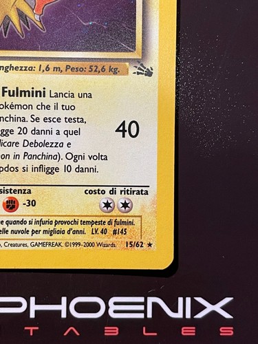 Rising Phoenix Pokemon - Zapdos 15/62 Fossil Holo Rara Near Mint Ita #1465 - Foto 5 di 10