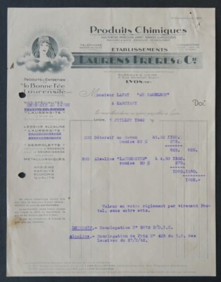 Invoice LYON 1942 LAURENS LA BONNE FEE LAURENSITE illustrated header 44