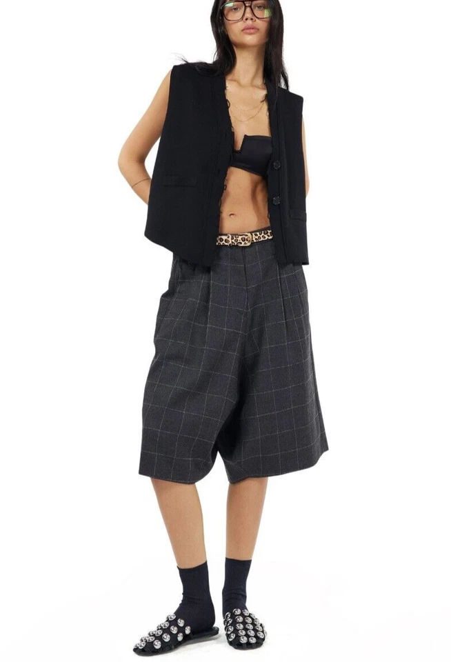 NUMBER PROJECT Wool Wide Bermuda Shorts (Gray Check) Size Medium