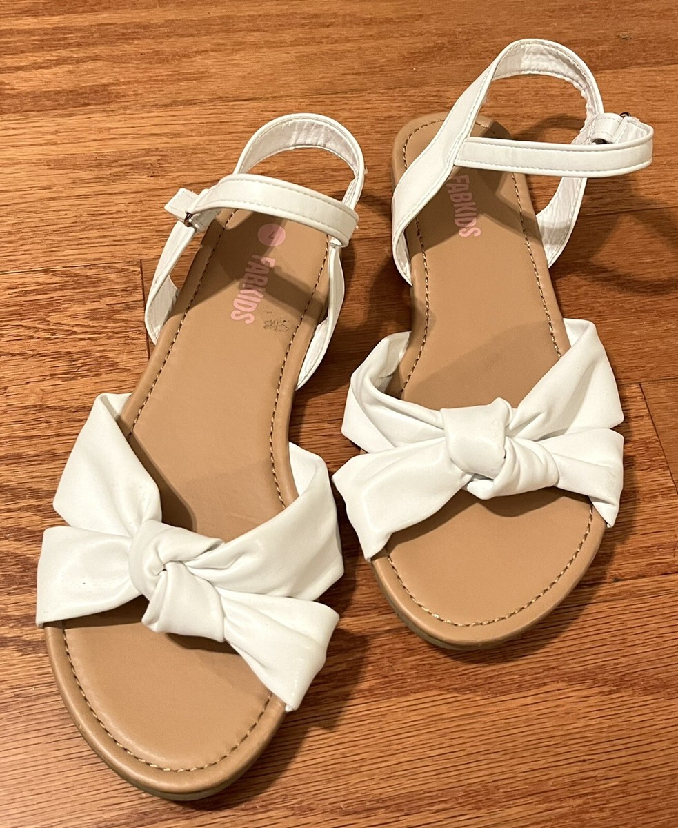 Justfab Fabkids Girls Flat Sandals White Double Knot Hood \u0026 Loop Closure Sz  7 | eBay