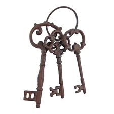 Large Cast Iron Skeleton Jail 3 Keys On Ring Rustic Western Decor Antique Brown