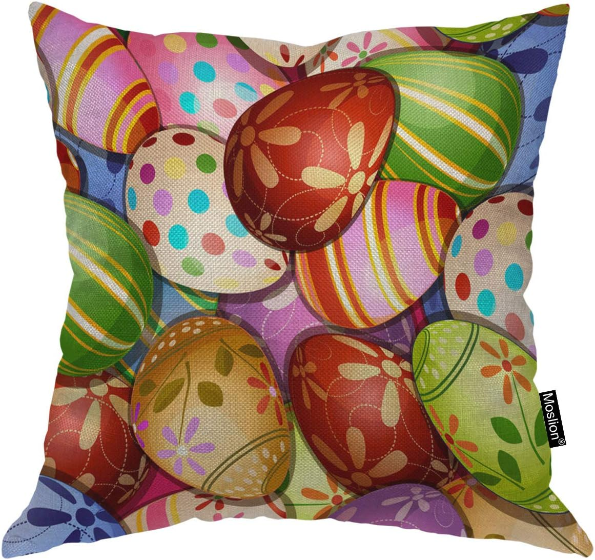 Colorful Easter Pillow Case with Eggs, Flowers, Leaves, Polka Dots on Eggshell Design