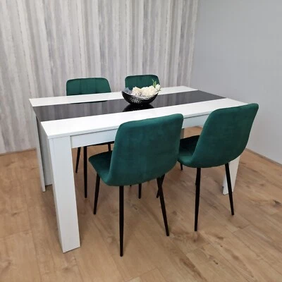 KOSY KOALA Kitchen Dining Table And 4 Chairs Wooden White Table Tufted Velvet Green Chairs