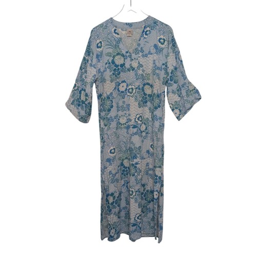 Natori Floral Maxi Dress Womens Size Small Blue Asian Rayon V Neck Long Sleeve