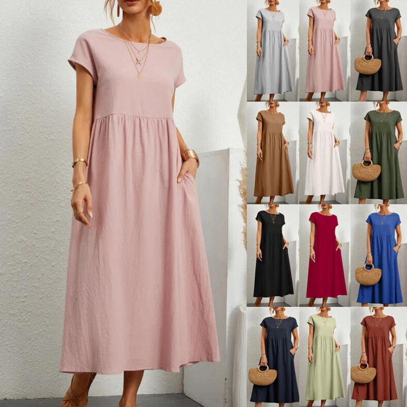 Ladies Summer Casual Cotton Linen Midi Dress Women Holiday Plain